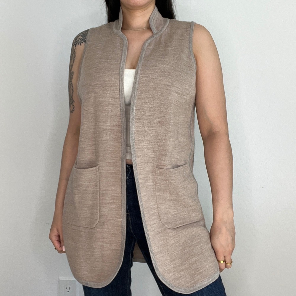 J.McLaughlin Vest Womens Medium Tan 100% Wool Open Front Longline Patch Pockets